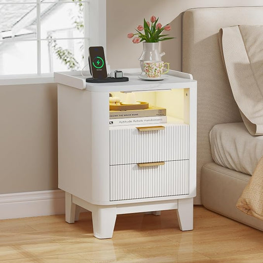 Turosur Night Stand with Charging Station, Fluted Nightstand with 2 Drawers and LED Light, Wood Bedside Table with Open Storage for Bedroom, White