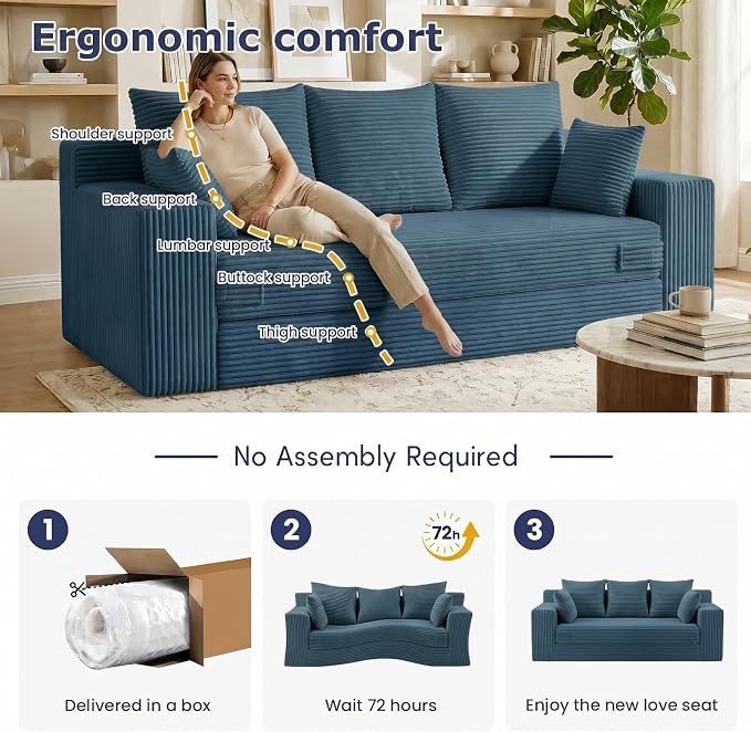 Boneless Couch for Living Room, 3 Seater Convertible Futon Sofa Bed Comfy Pull Out Couch with 5 Pillows & Detachable Washable Cover, Upholstered Floor Sofa in A Box, No Assembly Required, Blue