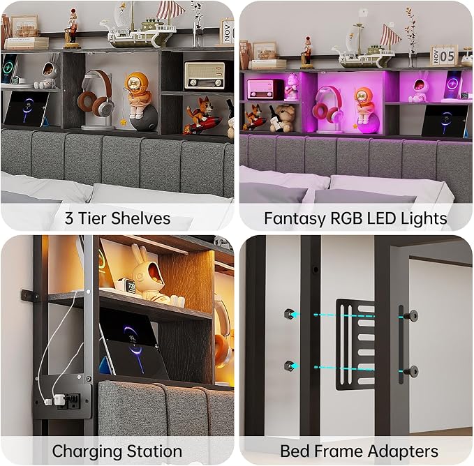 54.8" Tall King Size Headboard with 3-Tier Storage Shelves, Linen Upholstered Head Board with USB & Type C Port & LED Light, Soft Backrest for King Size Bed,Sturdy Headboard Only