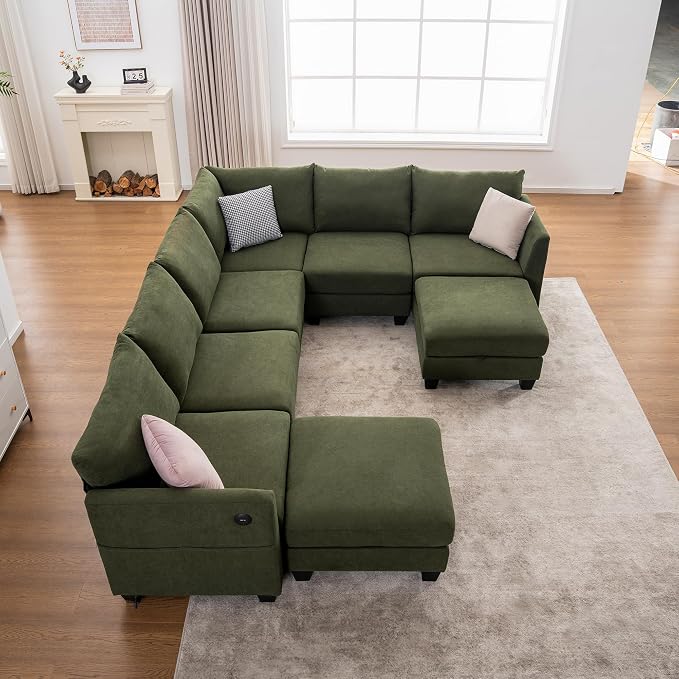 122.8" Large Sectional Couches for Living Room, 6 Seater L Shaped Modular Sectional Sofa with Two Storage Ottomans & USB, Oversized Corner Couch for Living Room(Green)