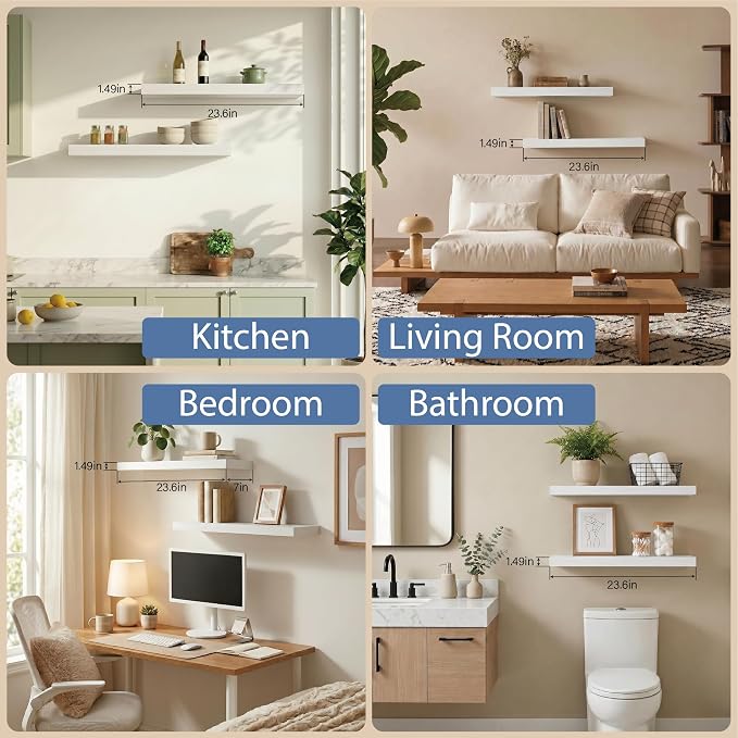 White Floating Shelves Set of 2, 24 Inch Wall Mounted Wood Shelves for Bathroom Over Toilet, Bedroom, Living Room, Kitchen & Office Storage, Modern Display Shelves