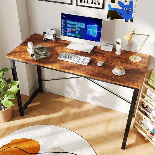 DUMOS 47 Inch Computer Desk for Home Office, Modern Writing Study Table Simple Modern Style for Bedroom Small Space, Large Work Desks with X-Shaped Reinforcement, Wood Brown