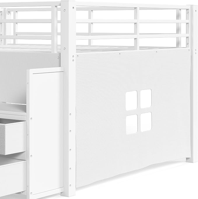Bellemave Full Low Loft Bed,Metal Kids Loft Bed Frame for Boys Girls,White | Fabric Drawers,LED Lights,Storage Shelves,Under-bed Space,Space-saving