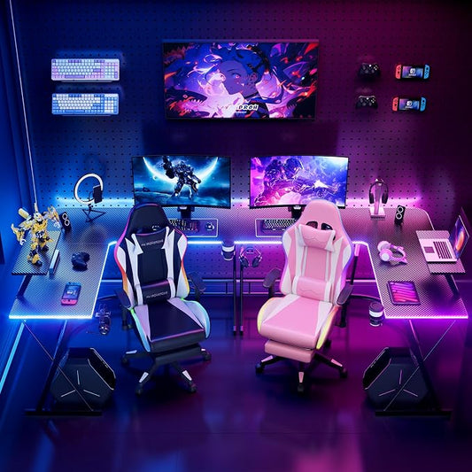 Mr IRONSTONE Gaming Desk with LED Lights and Speakers, L Shaped Desk Corner with Cup Holder & Headphone Hook, Computer Desk Home Office Desks with Monitor Stand, Carbon Fiber Surface, Black 51 Inch
