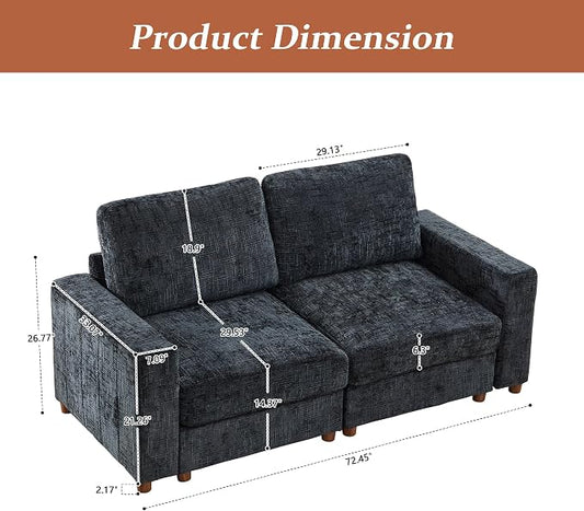 ORRD Comfy Loveset Couch, Chenille 2 Seat Sofa with Pillows, Modern Loveseat Sofa with Storage for Apartment, Living Room, Black Blue