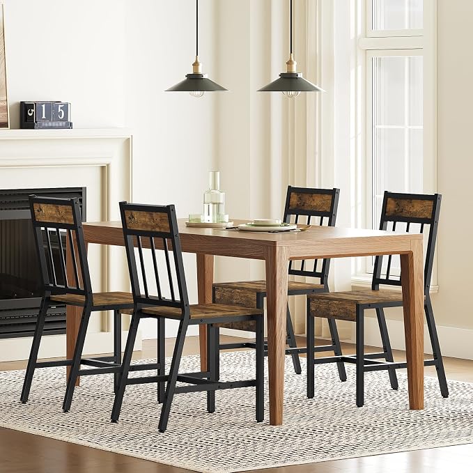 YATINEY Dining Chairs Set of 2, Industrial Kitchen Chairs with Metal Frame, Slanted Back, Wooden Dining Chair Set, for Kitchen, Living Room, Rustic Brown and Black CY03L2BR