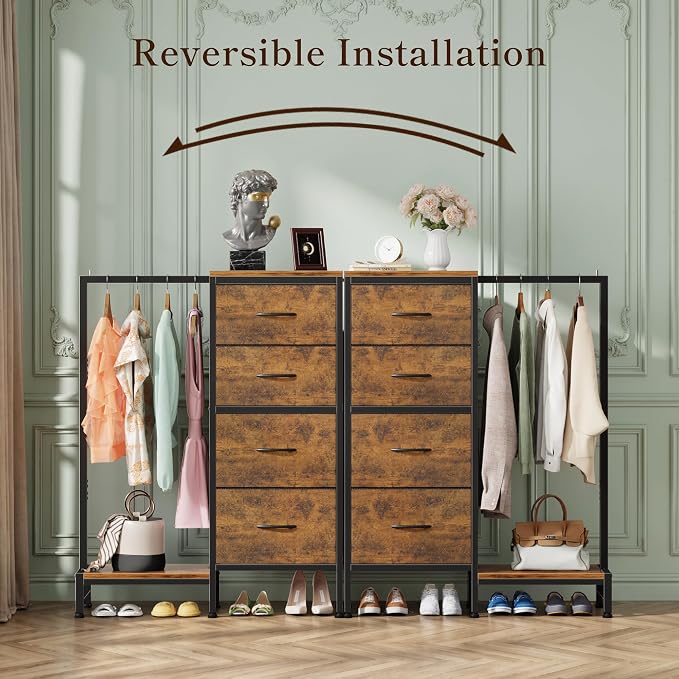 HIGDBFE Tall Dresser 44''H with Hanging Rack, 4 Drawers Small Closet Dresser for Bedroom, Reversible Fabric Chest of Drawers with Clothes Rack, Tall Storage Tower, Sturdy Frame, Rustic Brown