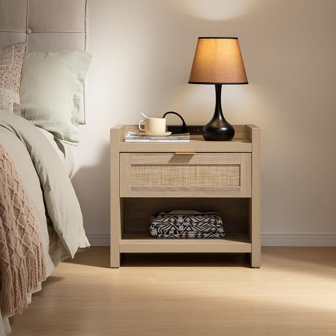 SICOTAS Rattan Nightstands Set of 2 Bedside Table - Boho Night Stand with Type-C Charging Station, Wicker Decor Drawer Storage End Table Night Stands for Bedroom - Light Oak
