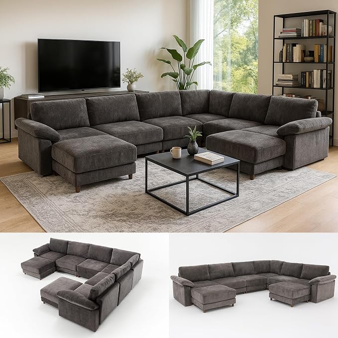 Oversized Modular Cloud Couch with Removable Washable Cover, U-Shaped Sectional for Large Living Room, Plush Chenille & Deep Seat(Grey)