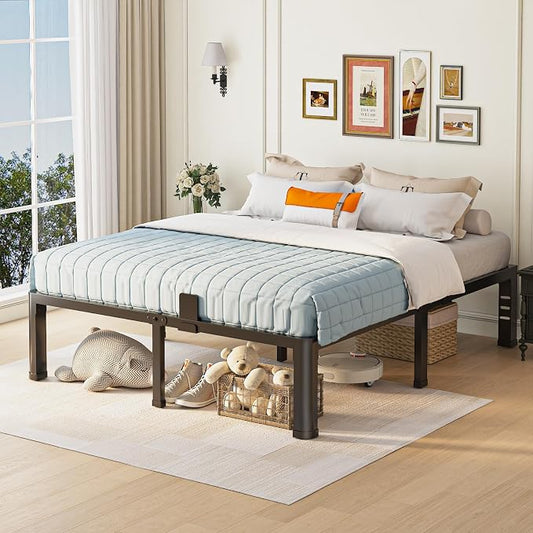 14 inch Queen Bed Frame with Round Corner Legs and Headboard Hole Mattress Slide Stopper 3500 lbs Heavy Duty Metal Platform,Steel Slats Support,No Box Spring Needed,Easy Assembly,Noise Free