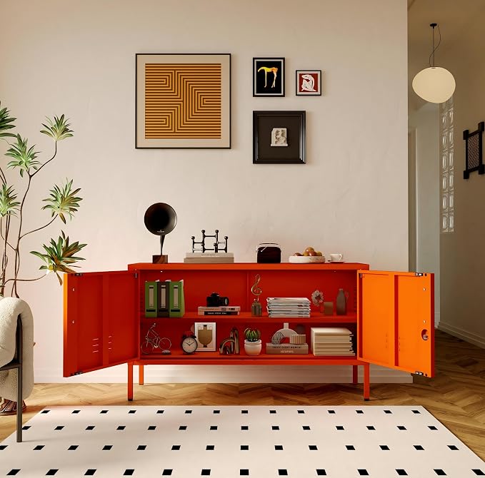 Wide Lockable Metal TV Stand with Accent Cabinet Locker, Heavy Duty Entertainment Center for Bedroom, Adjustable Shelves & 2 Doors, Multifunctional Storage Cabinet for Home 22"H X 35.4"W X 13.8"D