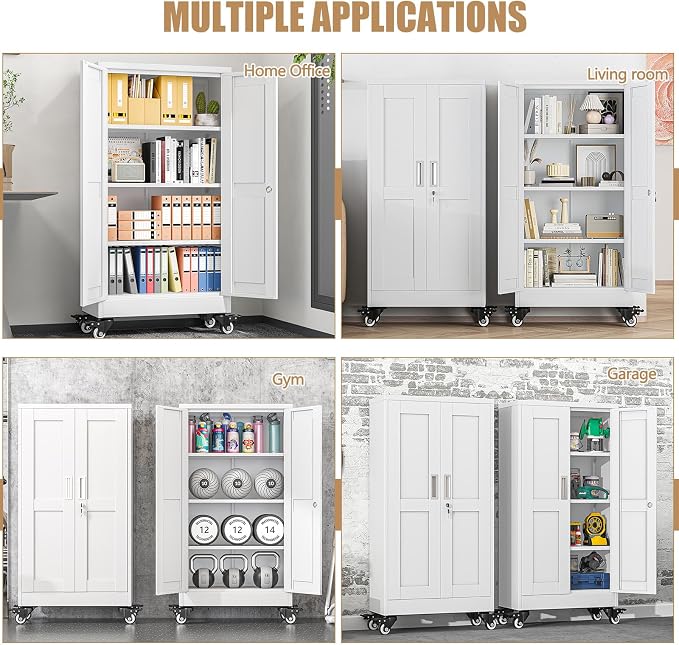 47" H Metal Pantry Storage Cabinet with Wheels,Rolling Kitchen Pantry Cabinet with 2 Doors and 3 Adjustable Shelves, Locker Steel Cabinet,Organization Cabinet for Garage,Home,Gym,School,White
