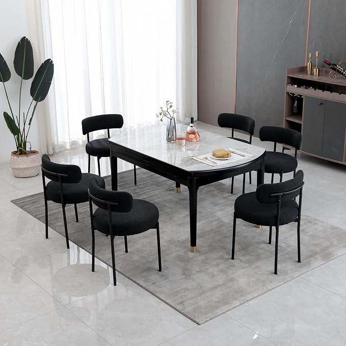DYHOME Black Boucle Dining Chairs Set of 4, Modern Upholstered Dining Chairs with 4" Thick Cushion and Sturdy Metal Legs for Dining Room, Kitchen