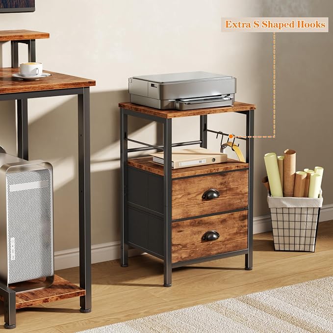 Furologee Nightstand with 2 Fabric Drawers, Night Stand with 2-Tier Shelf, Bedside Table with Hooks, Open Wooden Shelf, End Table for Bedroom, Backboard Design, Metal Frame, Rustic Brown