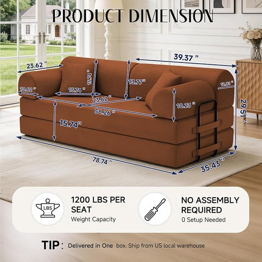 79'' Convertible Sofa Bed, 6 in 1 Folding Floor Futon Couch Sleeper with Fixed Frame, Corduroy Modular Sofa Bed with Removable Armrests & Pillows, No Assembly for Living Room Bedroom (Orange)