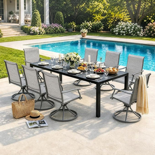 bigget Expandable 8 Person Outdoor Dining Table Set, 9 Piece Outdoor Dining Set with Comfy Highback Swivel Chairs 450LBS, All-Weather Heavy Duty Powder-Coated 8 Seats Dining Set for Outside, Grey