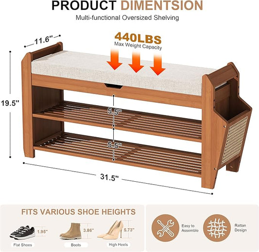 PETKABOO 31.5" Bamboo Shoe Rack Bench with Storage, 3-Tier Entryway Bench with Thick Cushion, Flip-Top & Side Baskets, Holds Up to 550 LBS for Hallway, Living Room, Bedroom