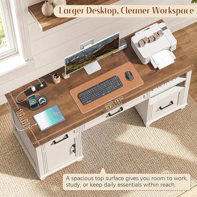 Vabches 55" Farmhouse Executive Desk with 3 Drawers & Storage Cabinet, Wooden Computer Desk, Home Office Desk with File Drawer (Fits A4 Size) for Work and Study, Rustic White and Brown