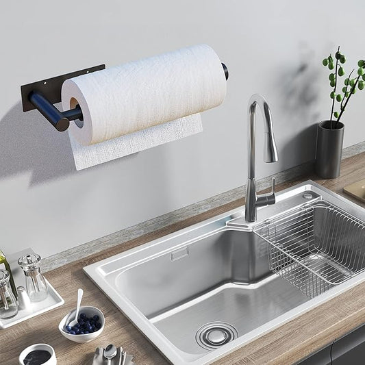 DEKAVA Under Cabinet Wall Mount Paper Towel Holder, Self-Adhesive Bar, Stainless Steel 13 inch (Black)