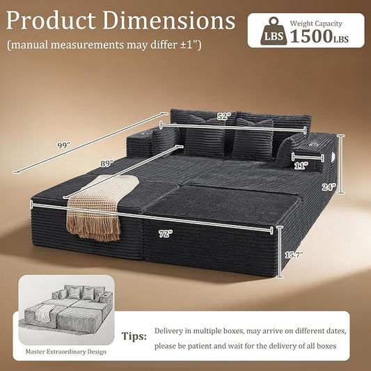 72" Cloud Sectional Couch, Comfort Sleep Sofa for Living Room, Extra Deep Seats No Assembly, Minimalist Modular Couch, Corduroy (Dark Grey, Extend Loveseat Chaise)
