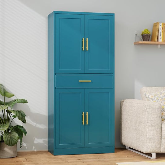 Metal Kitchen Pantry Cabinet, 71"Tall Cabinet with 1 Drawer, Doors and 2 Adjustable Shelves, Pantry Cabinets for Kitchen Storage, Metal Storage Cabinet for Kitchen, Dining Room, Living Room- Blue