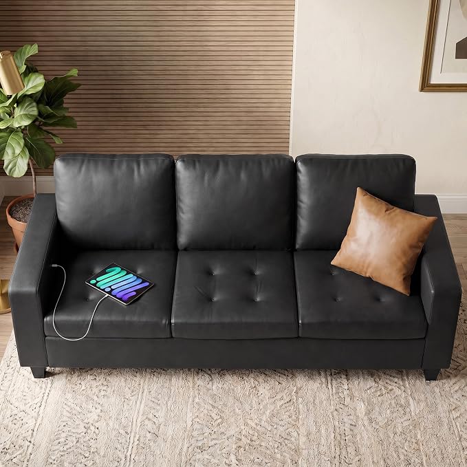 STHOUYN 73” Black Faux Leather Sofa Couch, Modern Comfy Office 3 Seater Couch Loveseat with Tufted Armrest and USB, Small Love Seat Couches for Living Room, Bedroom, Apartment