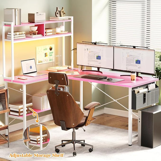 Aheaplus L Shaped Desk Gaming Desk, 59" L Shaped Computer Desk with LED Light & Power Outlet, Reversible Home Office Desk Gamer Desks with Shelves & Storage Bag & Hooks, Corner PC Desk, Pink