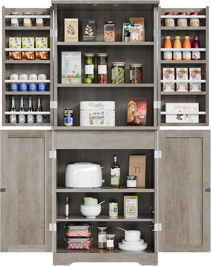 Vongrasig Kitchen Pantry Storage Cabinet with Barn Doors, Drawer and Adjustable Shelves, 6-Tier Tall Rustic Wood Cupboard Locker for Kitchen, Dining Room, Living Room, Bathroom, Rustic Grey