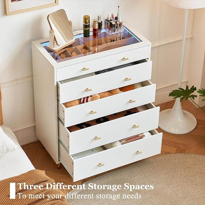 Closet Island with Drawers, Glass Top, Closet Island with LED Lights, Jewelry Dresser Display and Bedroom Island & Walk-in Closet Island for Bedroom, Cloakroom, White