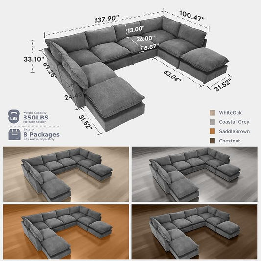 Iroomy Cloud Couch Sectional, Oversized Chenille Modular Sofa, Deep Comfy Seat, 8-Seater Sofas Couches for Living Room, Dark Grey