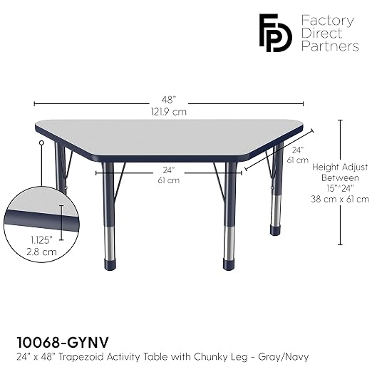 FDP Trapezoid Activity School and Classroom Kids Table (24 x 48 inch), Chunky Toddler Legs for Collaborative Seating Environments, Adjustable Height 15-24 inches - Gray Top and Navy Edge