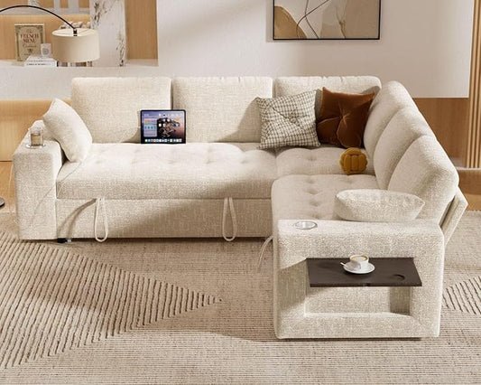 Vipbear 86" Modular Sectional Sleeper Sofa with Pull Out Bed, 5 Seat Chenille L Shaped Couch with USB Ports|Cup Holders|Side Table|Storage Loveseat, Tool Free Assembly, Beige
