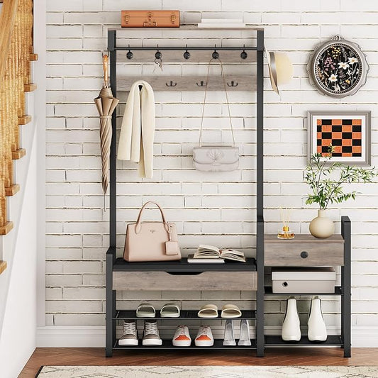 HOOBRO Hall Tree with Bench, Shoe and Coat Rack for Entryway, Coat Rack with Bench, Flip Top Storage Box, PU Cushioned Seat, Non-Woven Fabric Drawer, for Entrance, Greige and Black BG110MT01