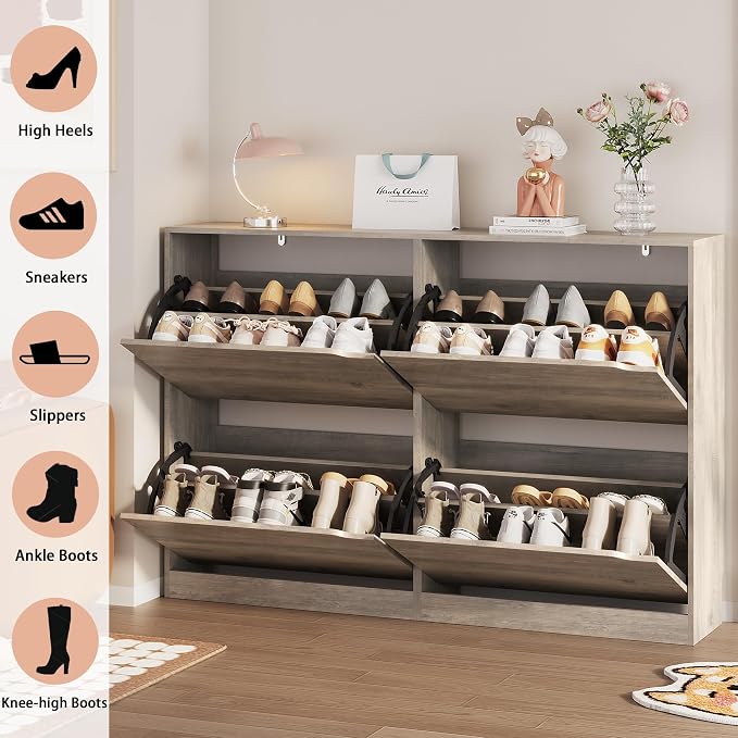 Shoe Storage Cabinet, Wood Shoe Organizer for Entryway with 3 Flip Drawers, Freestanding Shoe Rack with Adjustable Shelf, Narrow Shoe Dresser for Front Door Entrance (Grey, 4 Drawers)
