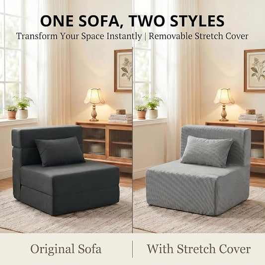FILUXE Convertible Folding Sofa Bed-Sleeper Chair with Pillow, Modern Linen Fabric Floor Futon Couch, Foldable Mattress for Living Room/Guest Use/Apartment,Single,Dark Gray+ Dark Gray Cover