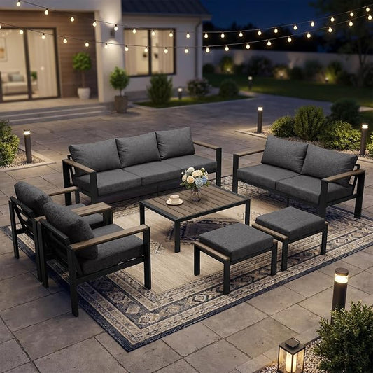 Patio Furniture Set 9 Seats and Coffee Table, 7 Pieces Patio Conversation Set with Thick Cushion, Ottomans, Deluxe Aluminum Modern Outside Sectional for Porch, Balcony, Deck, Yard, Dark Gray