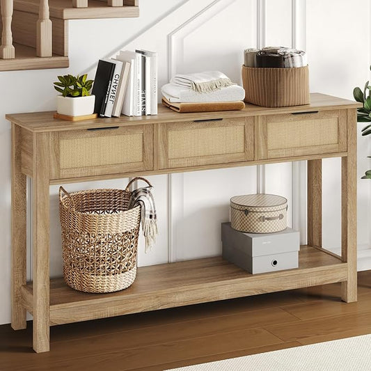 Luoxiao Rattan Console Table 3-Drawer 47" Narrow Wood Entryway Sofa Table | Trendy Boho Hallway Foyer Storage, Open Shelf, Sturdy Entry Table for Living Room, Couch, Easy Assembly, Anti-Tip, Natural