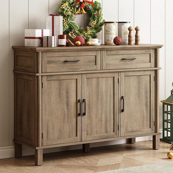 ONBRILL 48 Inch Buffet Cabinet with Storage, Farmhouse Sideboard Buffet w/2 Drawers and 3 Doors, Coffee Bar Cabinet with Adjustable Shelves, Sideboard Storage for Kitchen, Living Room, Washed Grey