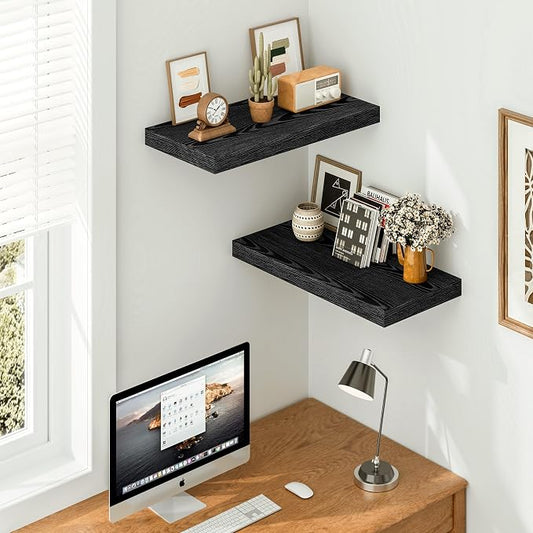 Vivelove Black Floating Shelves 24 Inches Wide, 12" Deep Wall Shelves for Bedroom, Bathroom, Living Room, Kitchen, Office, Rustic Home Decor Shelf with Invisible Brackets, 23.6X12X 1.5, Set of 2
