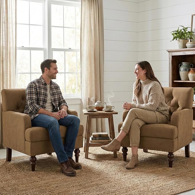 MALOL Upholstered Accent Chair, Comfy Reading Chair for Living Room, Mid Century Modern Armchair with Thick Cushion & Solid Rubberwood Legs, for Bedroom/Small Spaces, Brown