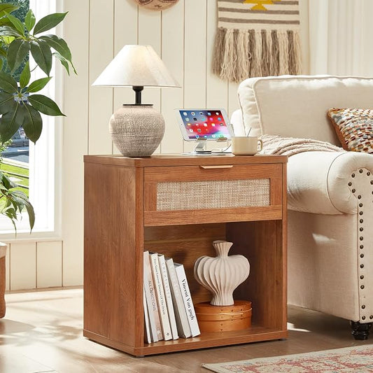 LEYAOYAO Rattan Nightstand with Charging Station, Tea Brown Night Stand with Drawer, 23" Wide Boho Bedside Table with Storage Shelf, Bed Side End Tables for Bedroom, Living Room, Hallway