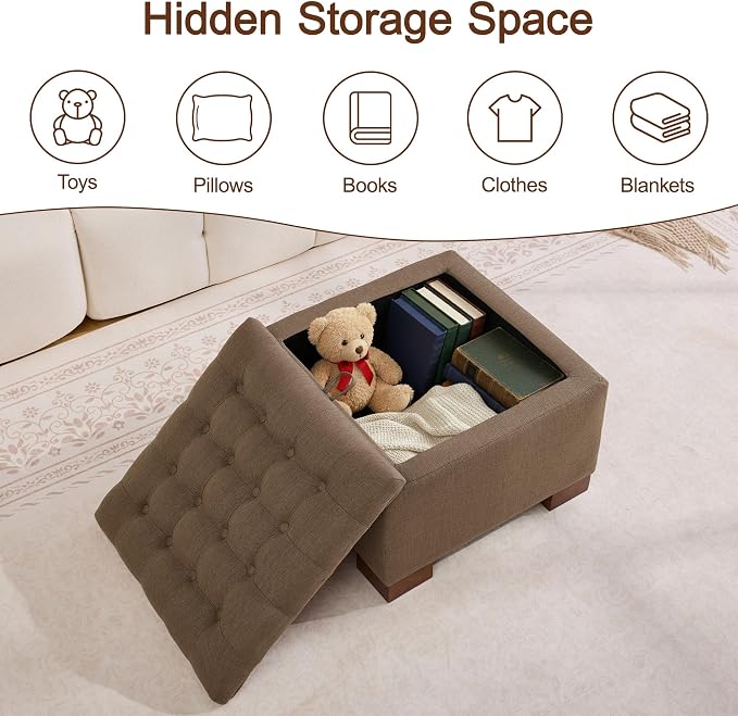 WUTUTUEE 24" Fabric Square Storage Ottoman with Wooden Tray, Modern Tufted Button Footstool Coffee Table, Upholstered Small Ottoman for Living Room, Bedroom, Brown