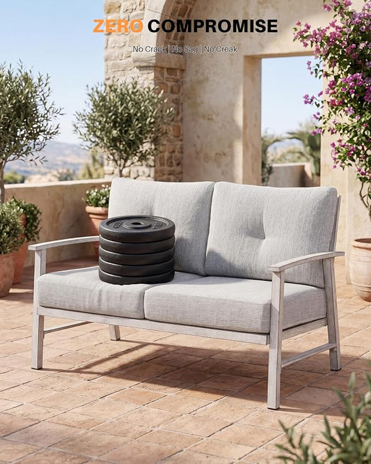 Patio Furniture Loveseat Sofa, Outdoor Aluminum Patio Couch with 5.9'' Soft Cushion, All-Weather 2 Seats Outdoor Furniture Sofa Couch for Garden, Poolside, Lawn, White Oak