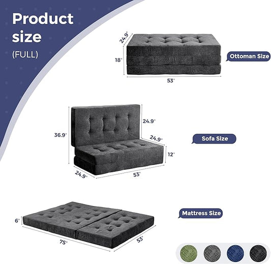 MAXYOYO 6" Folding Sofa Bed for Floor, Tufted Tri-Fold Floor Mattress with Chenille Fabric, Full Size Portable Sofa Couch Guest Mat for Adults, Foldable Topper for Camping, Dark Grey, 53"x75"