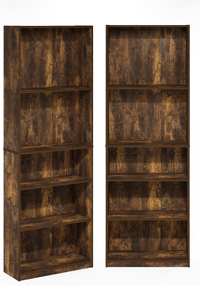 Furinno Jaya Book Shelf Set of 2, 5-Tier Bookshelf, Bookcase, with Adjustable Shelf, 9.5 x 24.5 x 71, for Home Office, Living Room, Amber Pine