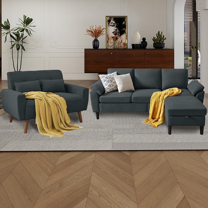 79" Convertible Sectional Sofa Set, Modern Linen Small L Shaped Couch with Reversible Ottoman and Loveseat, 3-Seat Sofa Couches for Living Room, Office, Apartment, Dark Grey