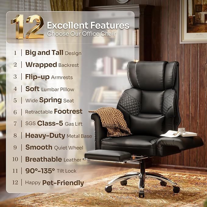 Ergonomic Office Chair with Footrest, Criss Cross Legged Desk Chair with Flip-Up Arms, Wider Thicker Spring Seat, Lumbar Pillow, Pet-Friendly, 500LBS Big and Tall Heavy-Duty Executive Leather Chair