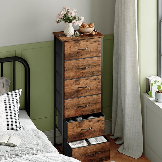 Somdot Tall Dresser for Bedroom with 6 Drawers, Storage Organizer Chest of Drawers with Removable Fabric Bins for Closet Bedside Living Room Laundry Entryway Hallway, Wood Grain Print