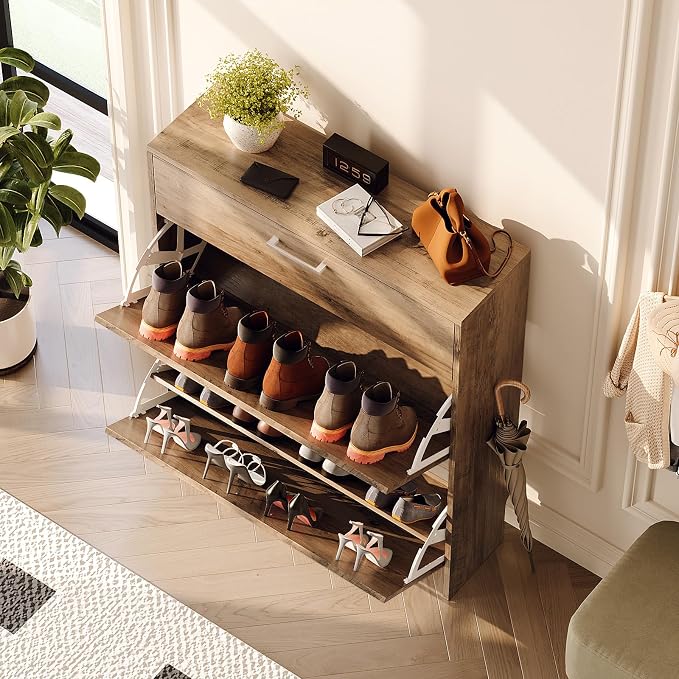 VINGLI Grey Shoe Cabinet for Entryway, Slim Shoe Rack Storage with 3 Flip Drawers, Rustic Washed Grey Wood Finish, Narrow Hidden Shoe Organizer for Hallway, 9.5" Depth, Greige