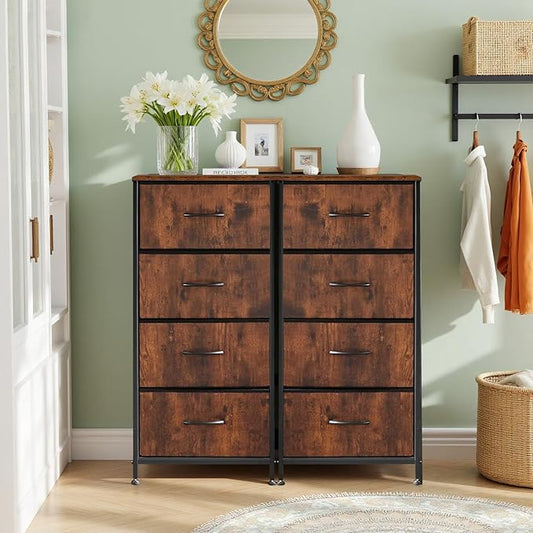 4 Drawers Dresser for Bedroom, Fabric Storage Tower Organizer with Wooden Top and Steel Frame, Tall Chest of Drawers for Closet, Entryway, Dorm, Brown